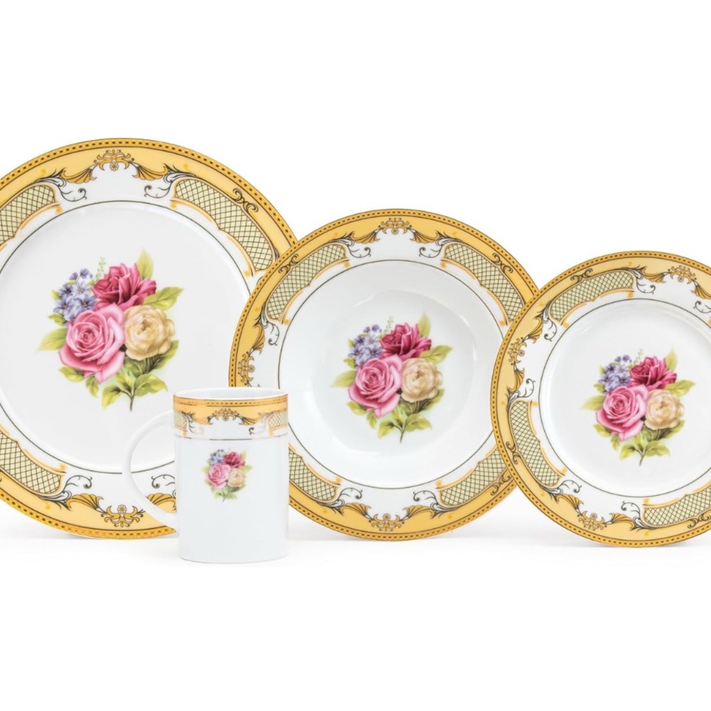 Elegant Floral Dinnerware Set with Gold Accents